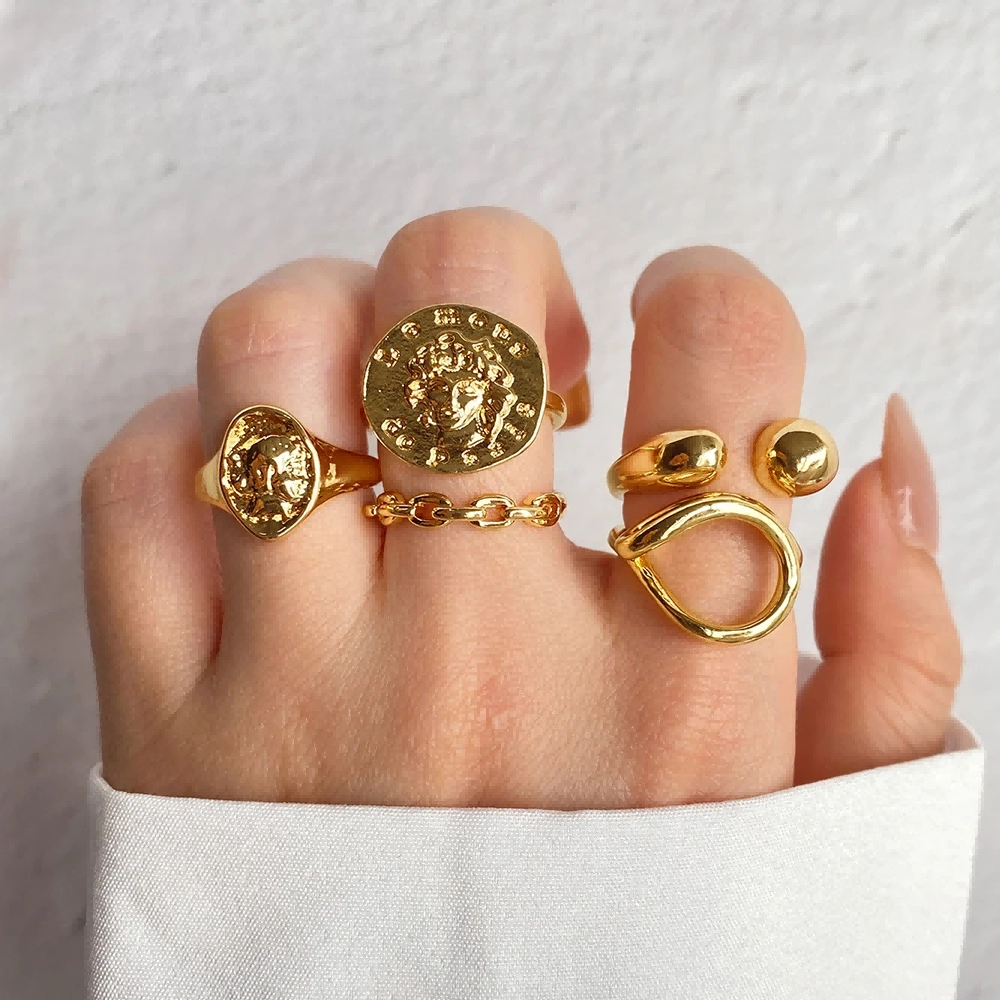 Vintage Metal Geometric Ring Set for Women Punk Hiphop Gold Color Metal Knuckle Ring Fashion Trend Jewelry Gift