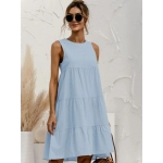 2024 Summer Women Dress O-neck Sleeveless Solid Midi Dress Stitching Large Swing Dresses Loose Sundress