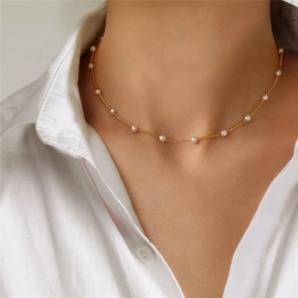 Women's Neck Chain Korean Style Pearl Choker Necklace Gold Color Jewelry Pendant Necklaces